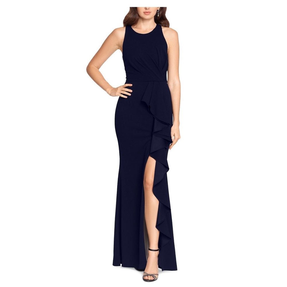 BETSY & ADAM Ruffled High-Slit Gown